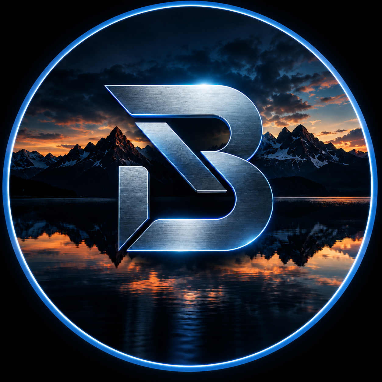Blue geometric emblem over a mountain lake at dusk